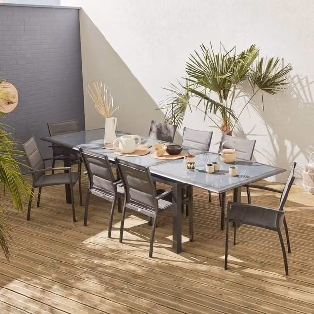Sweekeek 8-Seater Extendable Aluminium Garden Table and Chair Set in Matt Dark Grey – 1