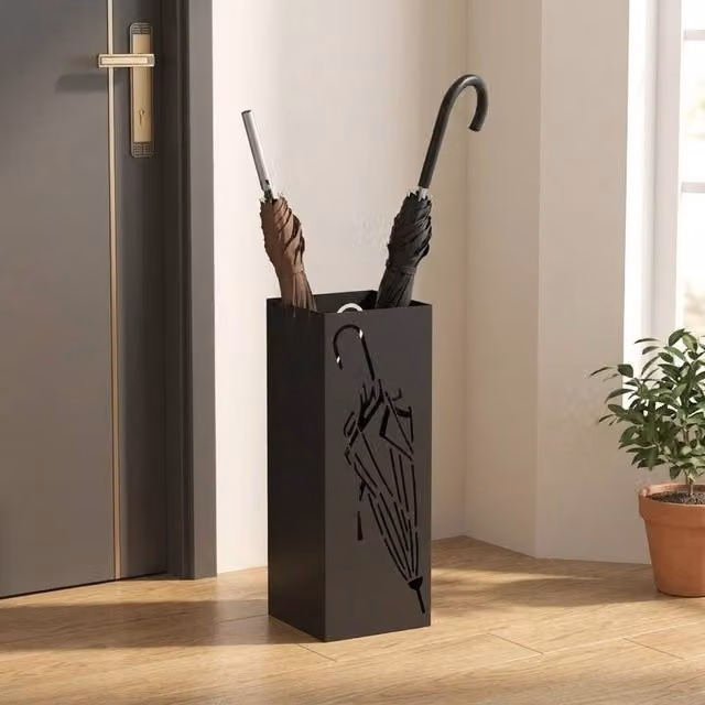 STILVORA Black Metal Umbrella Stand with 4 Hooks and Removable Drip Tray