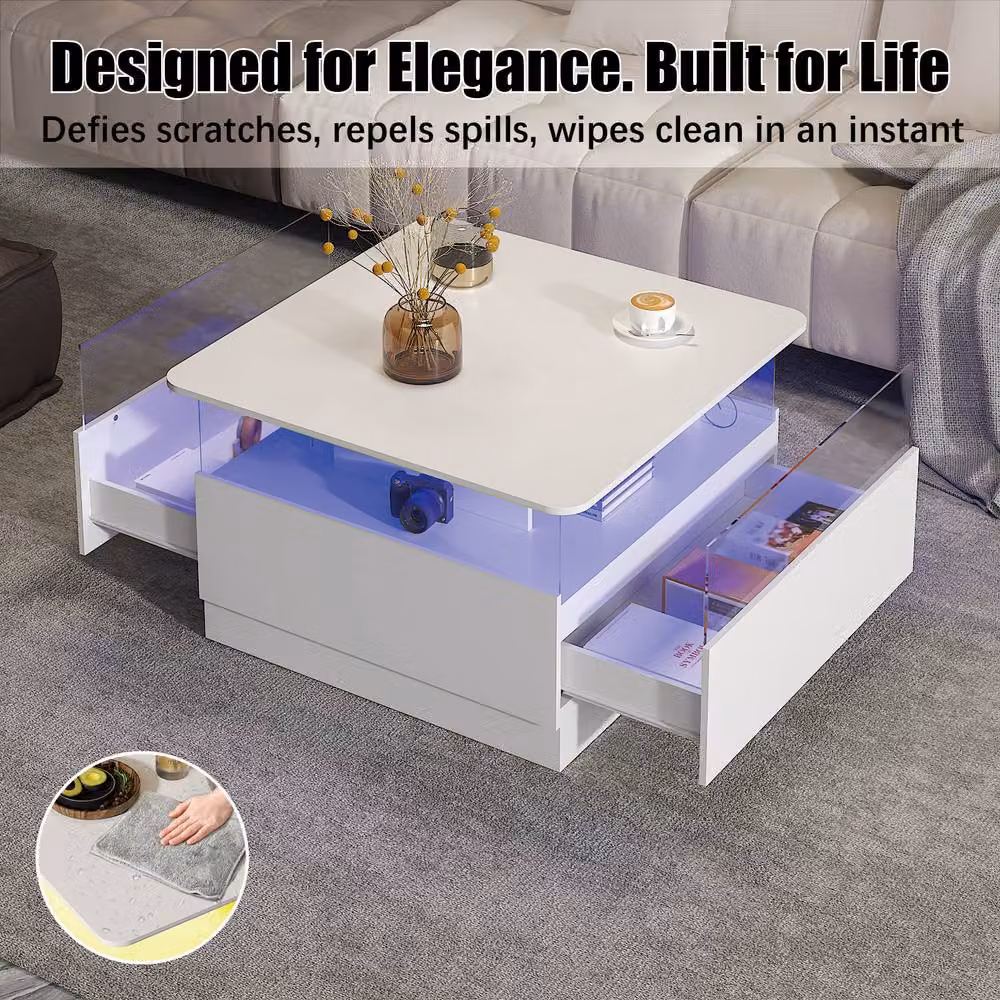 KEEPREAPER Modern Square Coffee Table with 2 Drawers and LED Light in White – 4