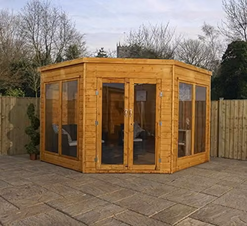 Mercia Premier Corner Summerhouse in Beige and Brown Wood, W/D/H: 274.32 x 270.0 x 220.0 cm – 1