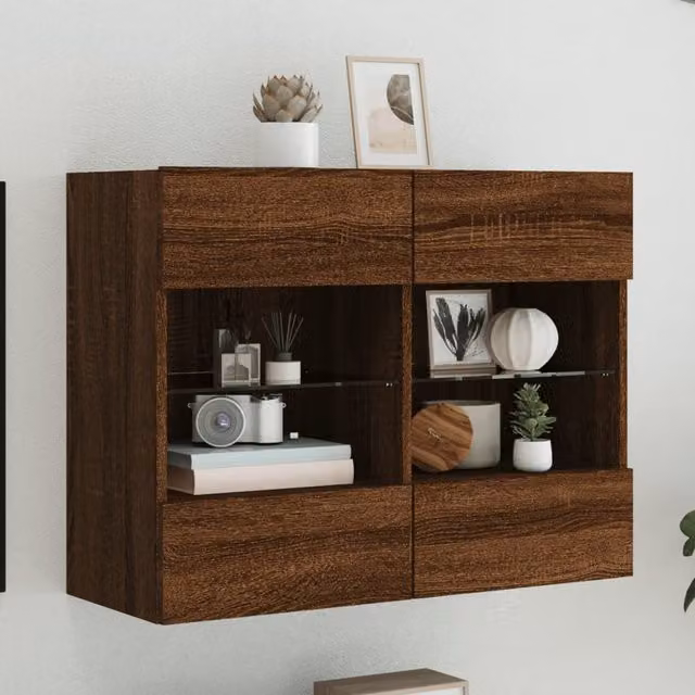 Berkfield Home Modern Wall Mounted TV Cabinet with LED Lighting and Internal Shelves, Brown Oak, W: 78.5 cm, D: 30 cm, H: 60.5 cm