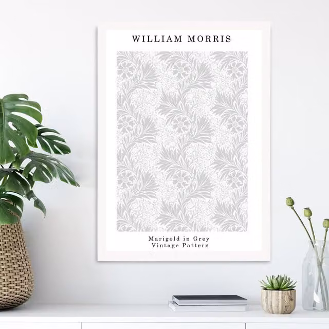 ARTZE William Morris Marigold Floral Art Print in Grey with White Frame, A3