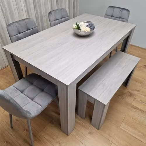 KOSY KOALA Modern 6 Seater Dining Set with Rectangular Light Grey Table, 4 Grey Velvet Chairs and 1 Bench, W/D/H: 140 x 80 x 75 cm