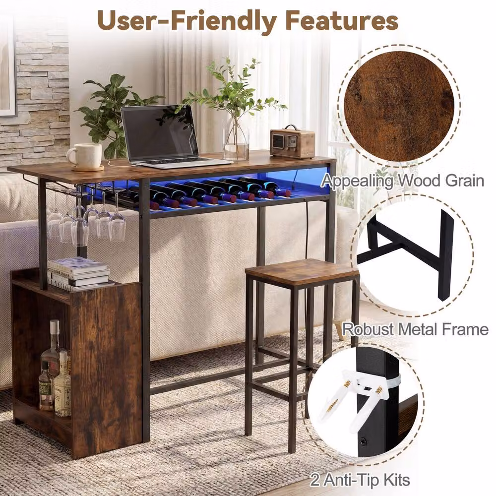 Costway Rectangular Industrial Bar Table in Brown with 8-Bottle Wine Rack and Stemware Racks – 7