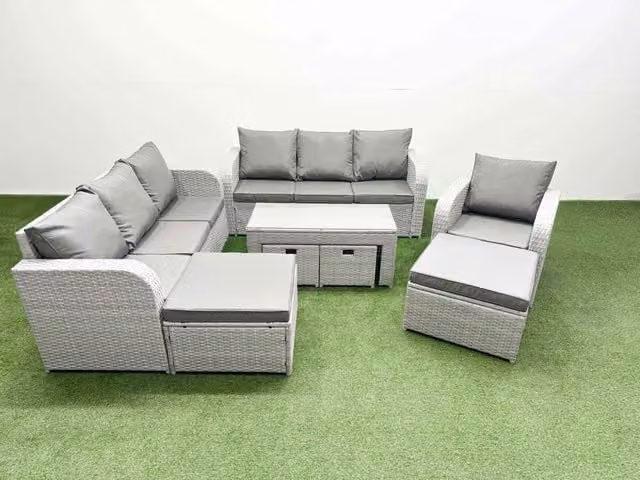 Fimous PE Rattan 3 Seater Reclining Sofa Set with Oblong Coffee Table in Light Grey