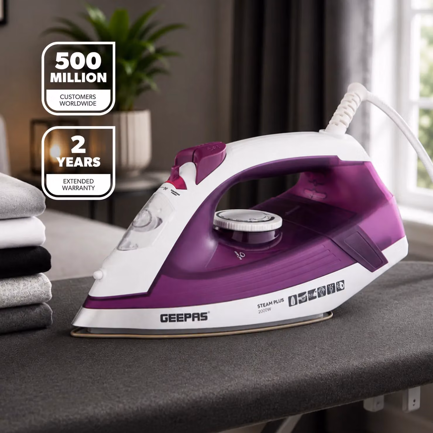Geepas 2000W Steam Iron with Ceramic Non-Stick Soleplate and Vertical Steam Function in Purple – 2