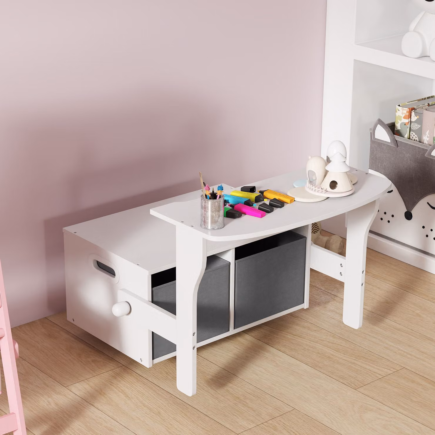 AIYAPLAY 3 in 1 Kids Storage Bench, Convertible Children Table and Chair Set with 2 Fabric Bins, White – 3