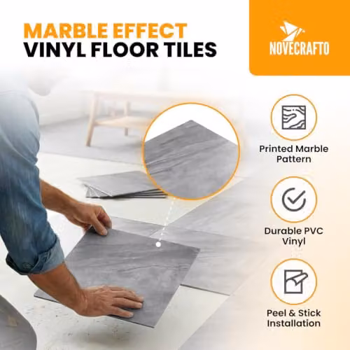 Novecrafto Self Adhesive Square Vinyl Floor Tiles, Grey and White Marble Stone Look, 34 Pack, W/D: 45.72 x 45.72 cm – 5