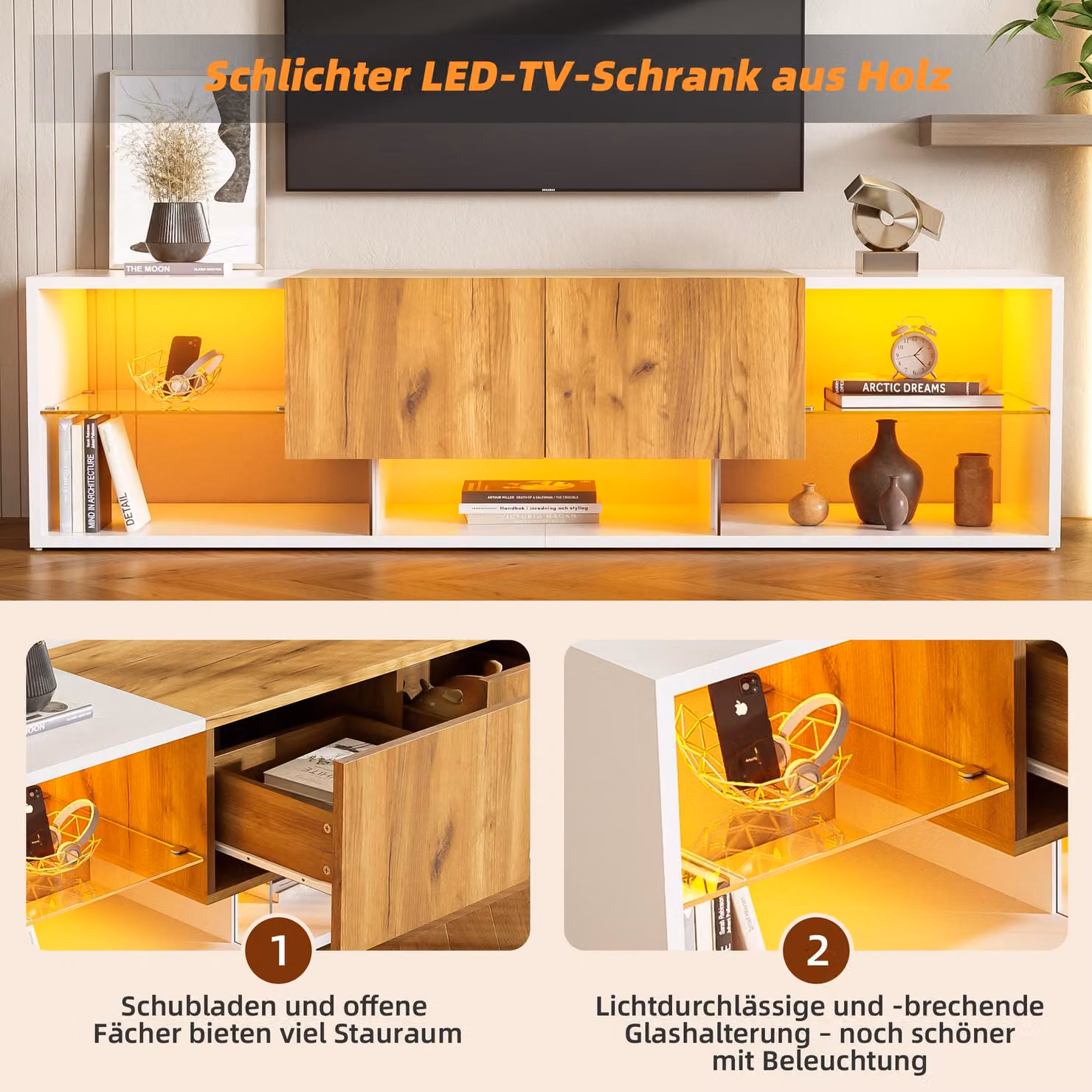 Aosom UK Modern TV Stand with 2 Drawers, 5 Open Compartments and App-controlled LED Lights, White and Wood, W: 160 cm, D: 40 cm, H: 42 cm – 4