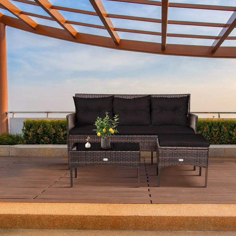 Costway 3 Piece Outdoor PE Rattan Patio Conversation Set in Black with Upholstered Cushions, 3 Seater Sofa, Coffee Table and Ottoman – 6