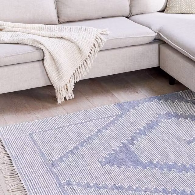 Wyld and Coco Runes Tribal Geometric Woven Rug in White and Blue with Fringes, W/D: 140 x 200 cm