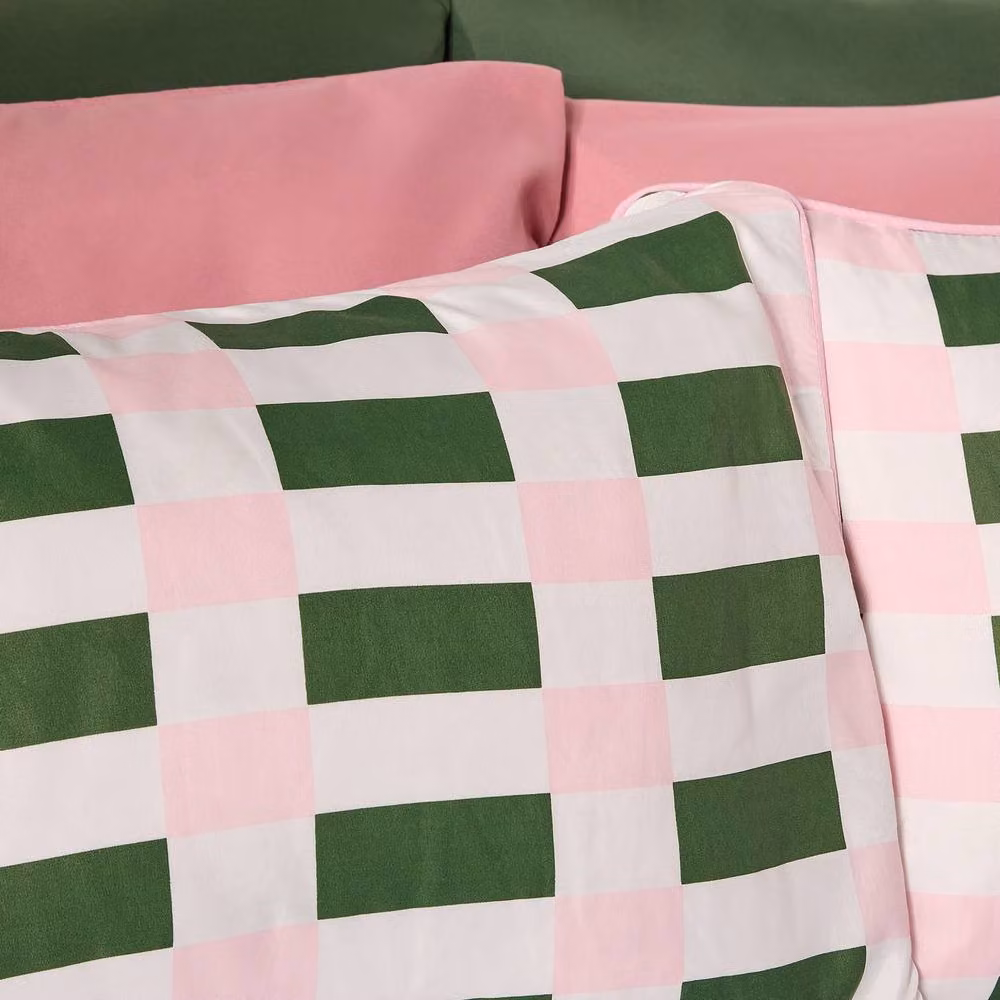 OHS King Size Checkerboard Microfibre Duvet Cover and Pillowcase Set in Green and Pink, W/D/H: 220 x 220 x 180 cm – 7
