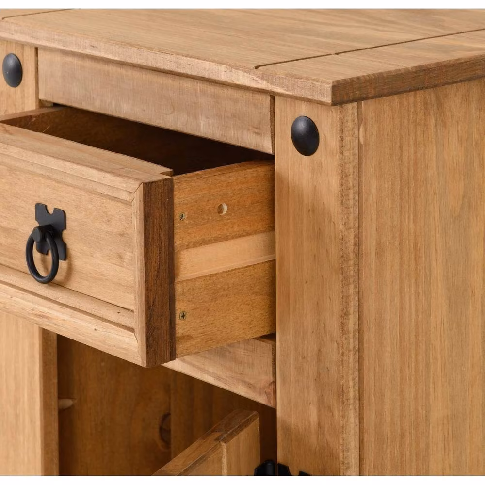FORGEVIO Rustic Mexican Waxed Pine Bedside Table with 1 Door and 1 Drawer in Beige – 4