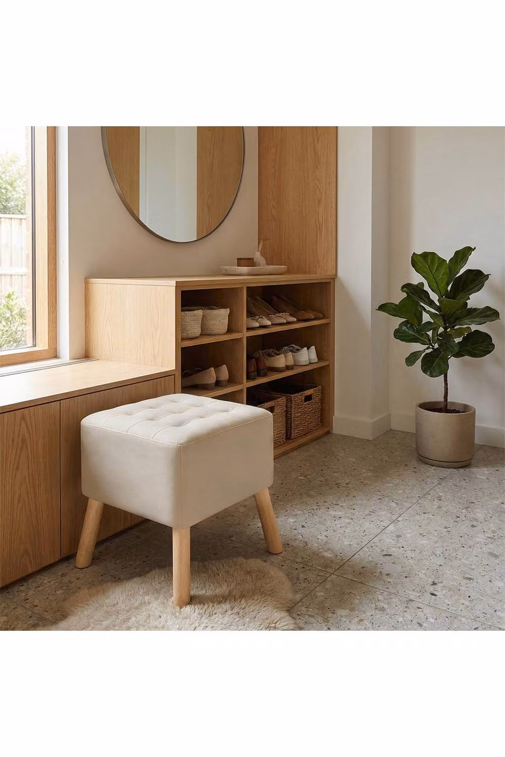 Living and Home Linen Upholstered Cube Footstool in Beige – 2