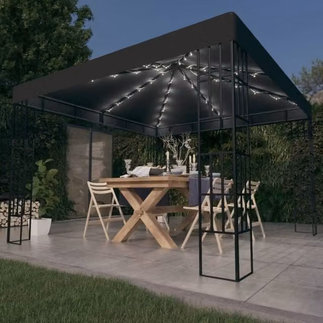 Berkfield Home Gazebo with LED String Lights, Anthracite and Black, W x D: 300 x 300 cm
