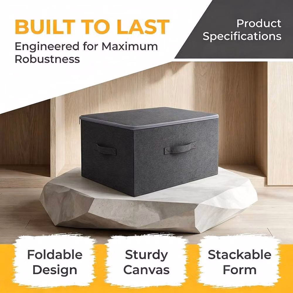 NESTLUNE Pack of 3 Foldable Fabric Canvas Storage Boxes in Grey – 4