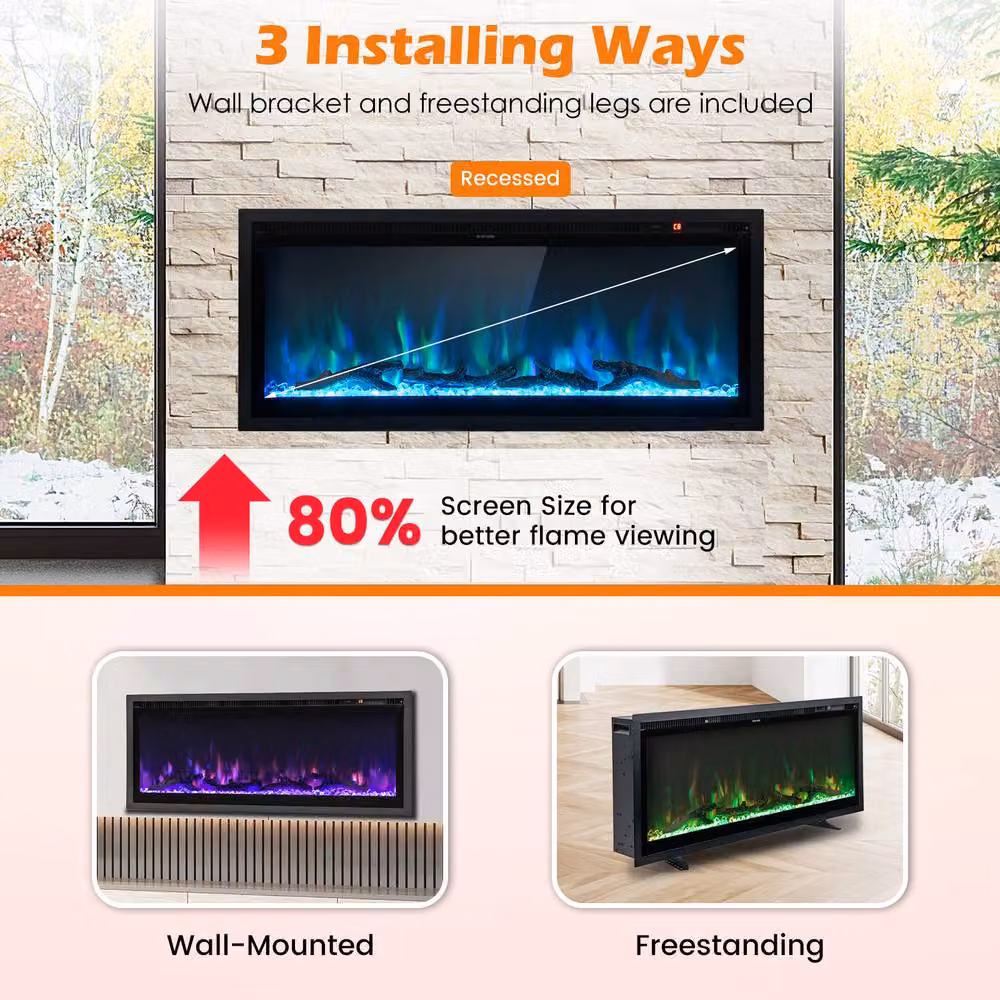Gymax 42 Inch Electric Linear Fireplace Insert with Remote Control in Black – 6