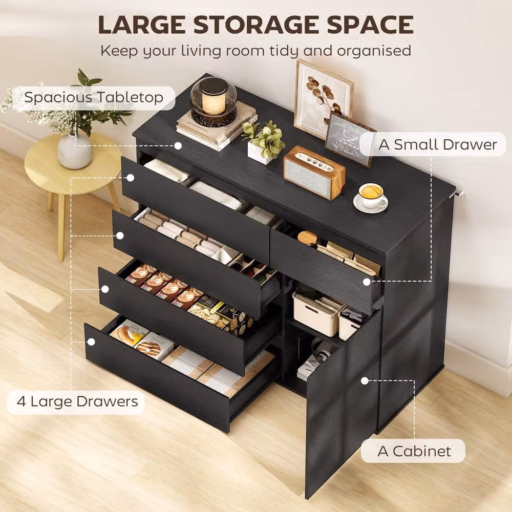 HOMCOM Modern Black Sideboard Storage Cabinet and Kitchen Cupboard with 5 Soft Close Drawers – 5