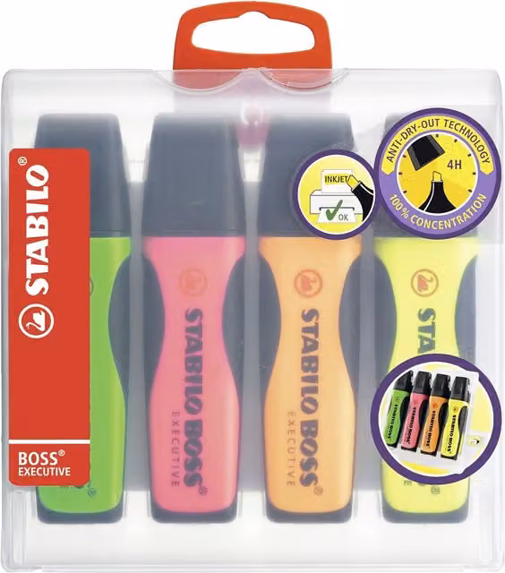 STABILO BOSS EXECUTIVE Chisel Tip Highlighter Pack of 4 in Multicolour Neon Pink, Yellow, Orange and Green