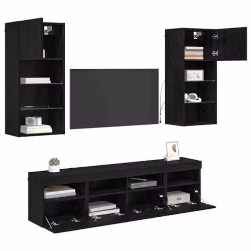 vidaXL Modern Wall Mounted TV Unit with Integrated LED Lighting in Black Oak – 1
