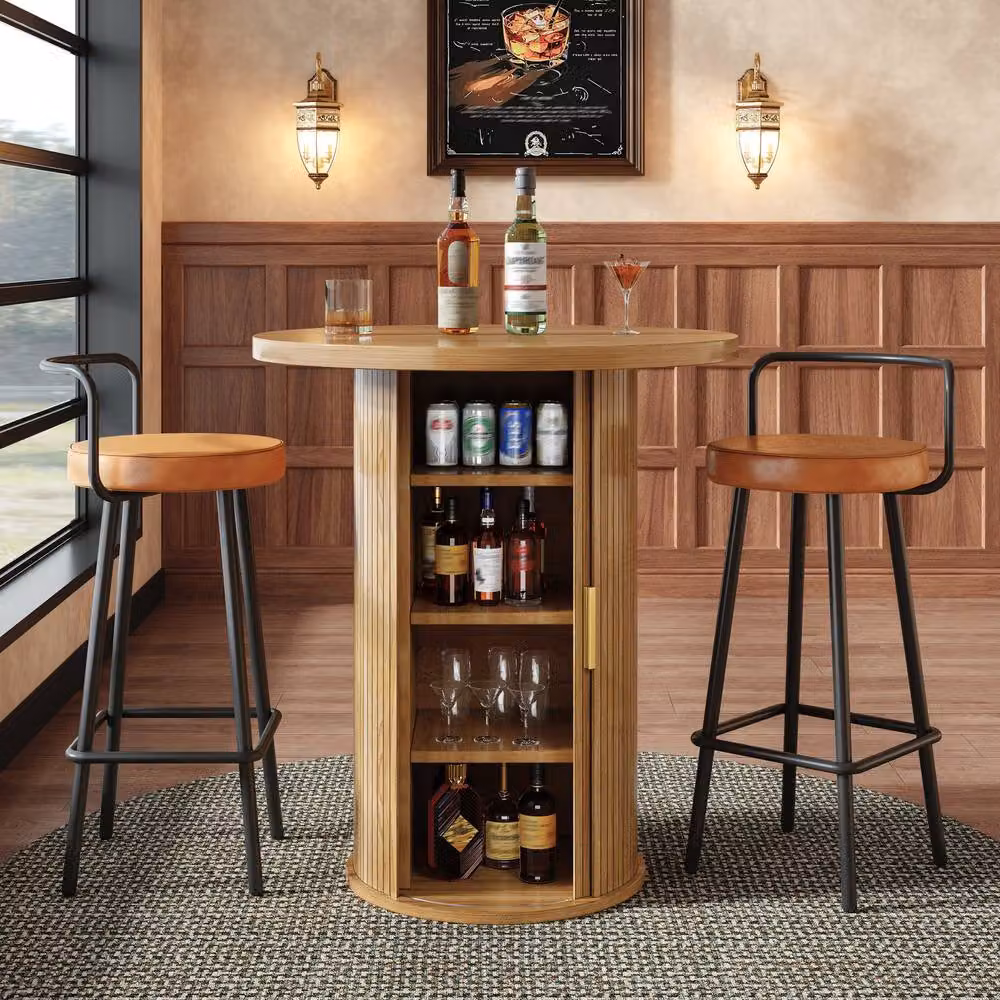 Merax Modern Round Bar Table with Built In Storage Cabinet in Natural Brown – 3