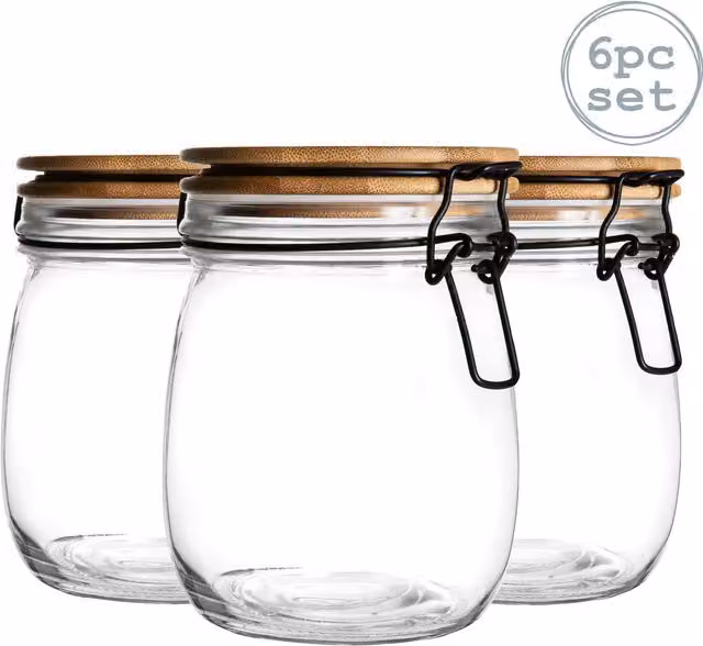 Argon Tableware Leakproof Glass Storage Jar with Wooden Clip Lid, 0.75 l, White Seal (Pack of 6)