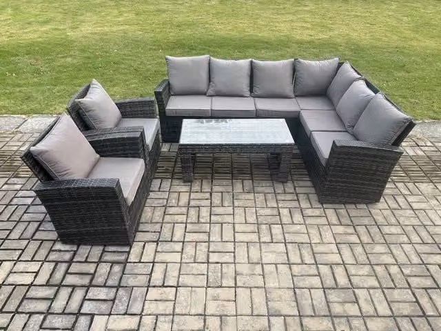 Fimous 8 Seat Rattan Garden Furniture Corner Sofa Set with Cushions in Dark Grey Mixed