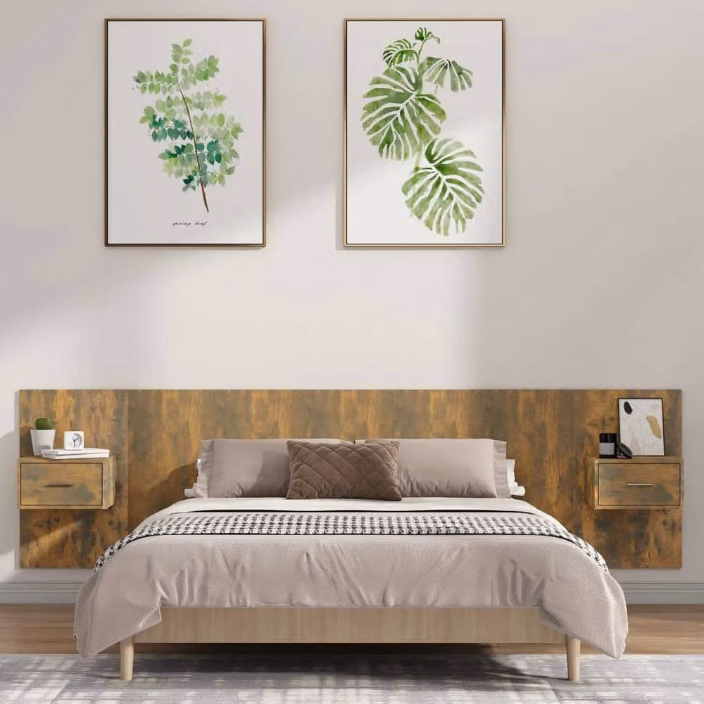 Berkfield Home Bed Headboard with Integrated Nightstand Cabinets in Smoked Oak Brown, W: 297 cm, H: 80 cm – 2