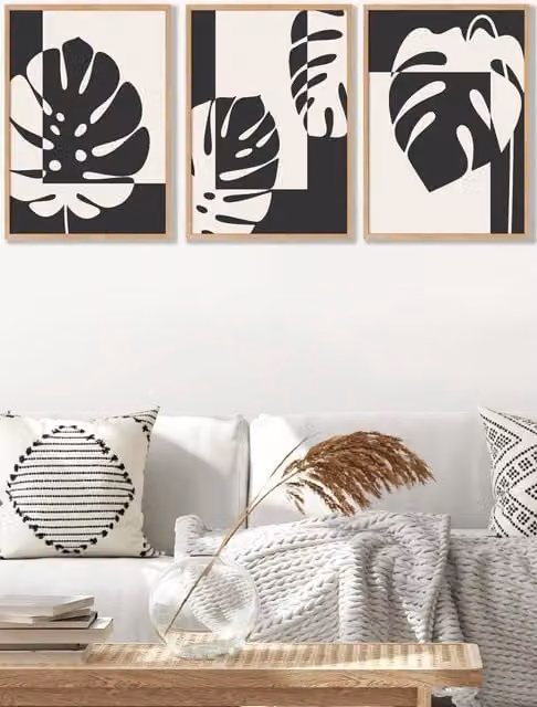 ARTZE Set of 3 Mid Century Monstera Botanical Wall Art with Oak Frames in Black and White, W: 45 cm, H: 62 cm, D: 2 cm