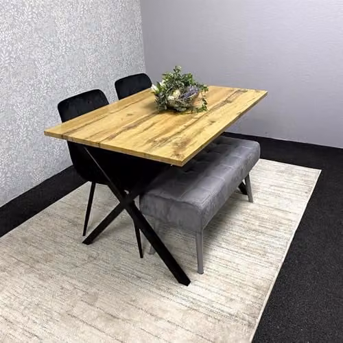 KOSY KOALA Modern Dining Table Set with Padded Bench and Black Velvet Chairs, Wood Effect Tabletop with X-Shaped Metal Legs