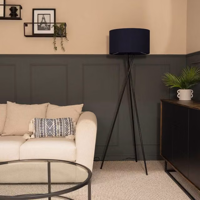 Camden Tripod Floor Lamp with Blue Fabric Drum Shade