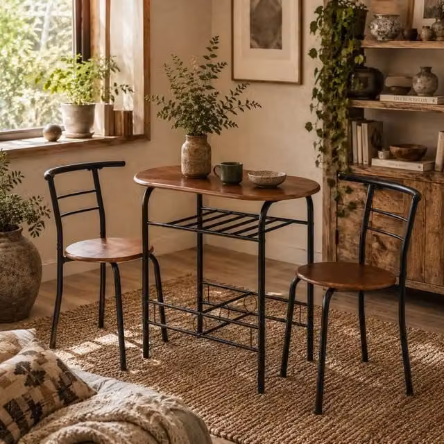 Wyld Haus Vidiba 3 Piece Compact Dining Set in Natural Wood Effect and Black Metal