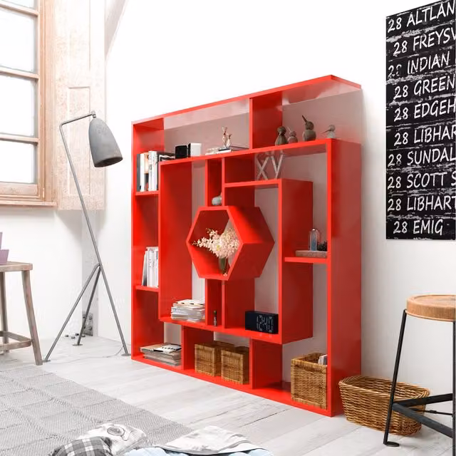 Labrina Modern Geometric Wall Mounted Bookshelf in Red