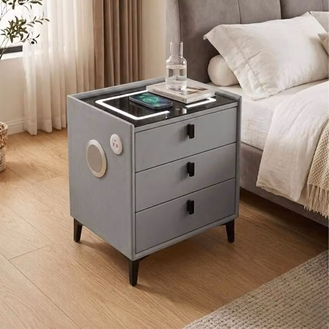 Sliding Wardrobes 4U Multifunctional Grey Bedside Table with LED Lighting, Charging Ports and Bluetooth Speaker