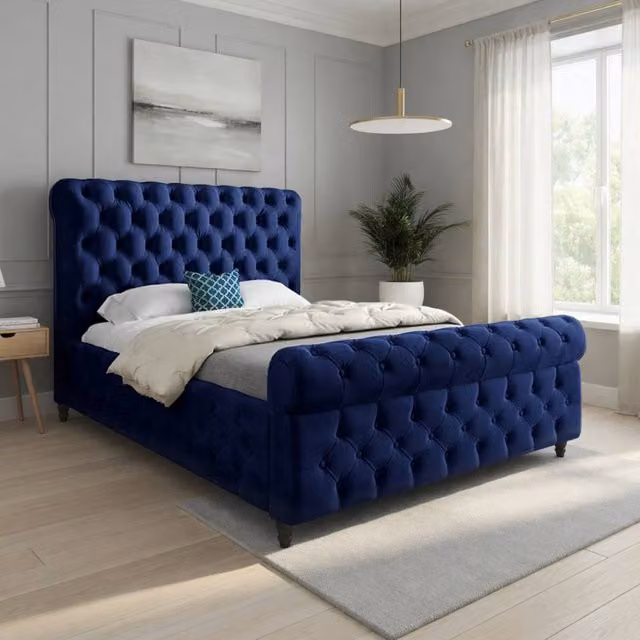 Casani Stenton Sleigh Upholstered Blue Velvet Designer Bed Frame, W: 90 cm, D: 200 cm – 1