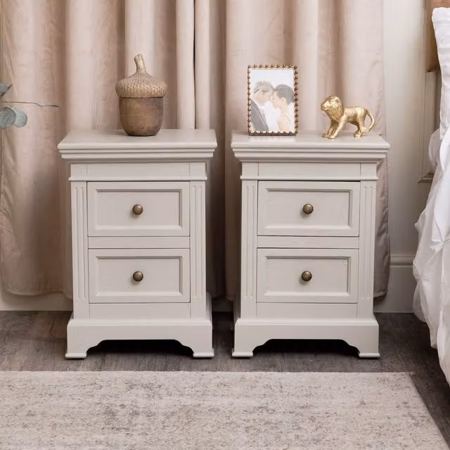 Melody Maison Pair of Daventry Two Drawer Bedside Tables in Taupe-Grey