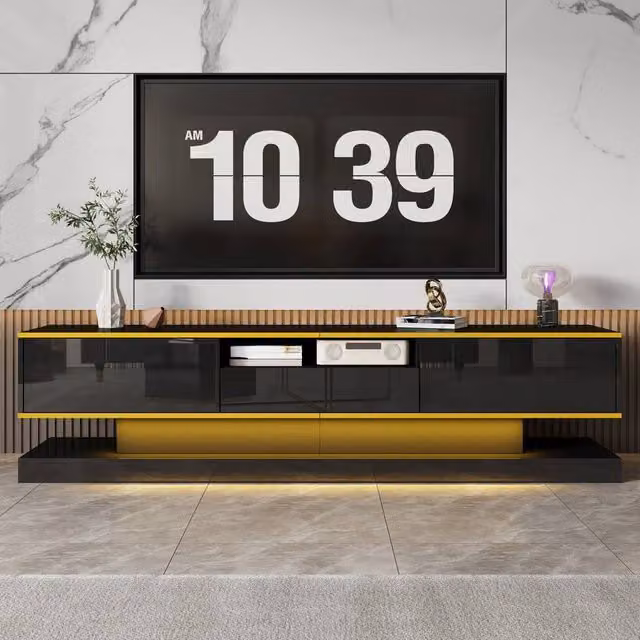 Matteo Modern High Gloss TV Cabinet with Integrated LED Lighting in Black and Gold, W: 180.0 cm, D: 45.0 cm, H: 38.0 cm