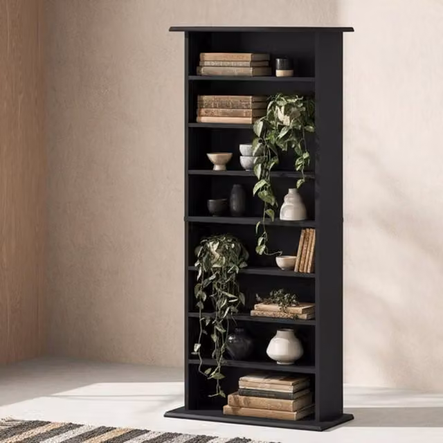Wyld Haus Kael Black CD Storage Unit with 8 Media Compartments and Adjustable Shelves, H 126.3 cm x W 58 cm x D 24 cm