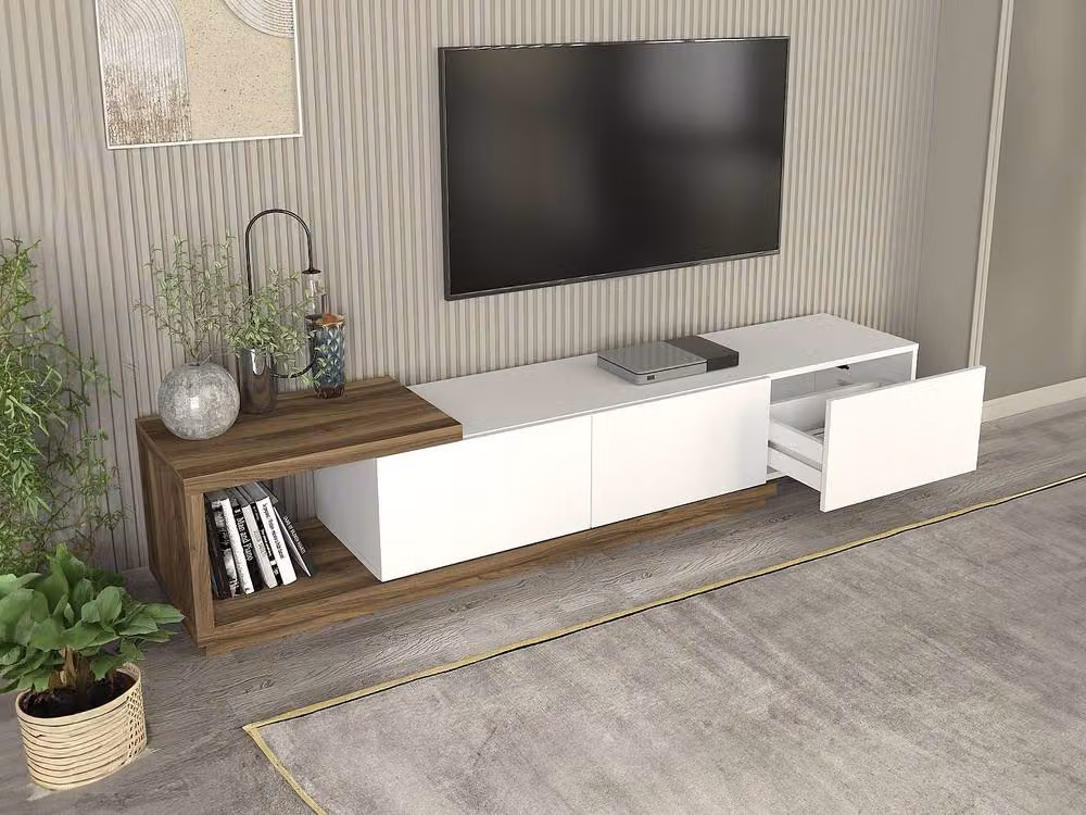 Vente-unique Modern TV Stand with 3 Drawers and 1 Open Compartment, White and Light Oak, W/D/H: 200 x 40 x 40 cm – 3