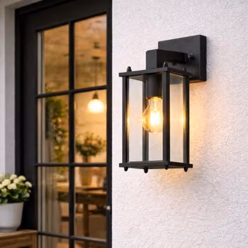 CGC Lighting Black Outdoor Wall Lantern with Transparent Glass Diffuser, IP44 Waterproof Down Light – 3
