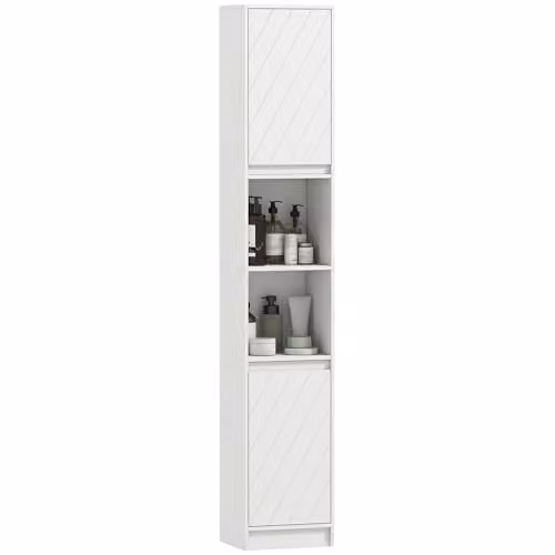 HOMCOM Narrow White Bathroom Storage Cabinet with Open Shelf and Hinged Doors, W/D/H: 30 x 24 x 170 cm