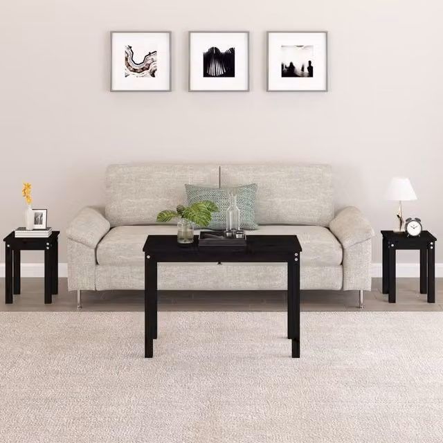 Berkfield Home Set of 3 Black Solid Pine Wood Nesting Tables