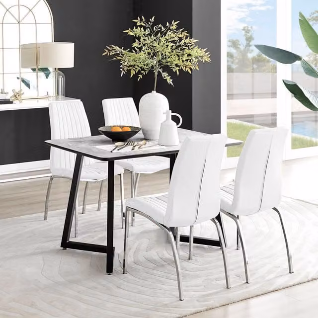 FurnitureboxUK Carson White Marble Effect Dining Table and 4 Isco Chairs in White and Black – 1