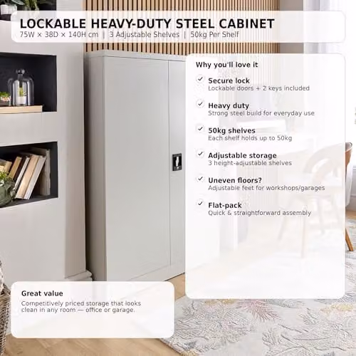 Moderna White Steel Lockable Storage Cabinet with 3 Adjustable Shelves, W/D/H: 75 x 40 x 140 cm – 2
