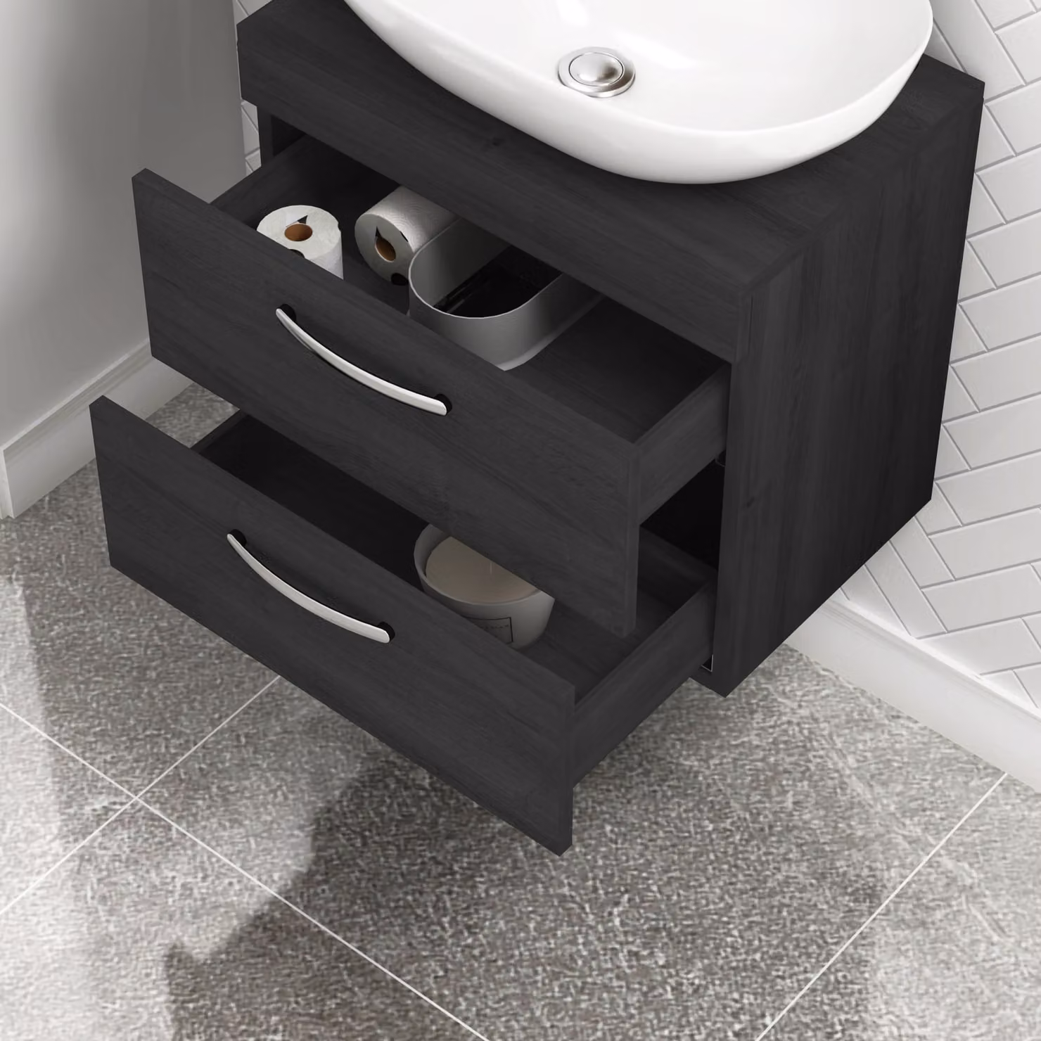 Royal Bathrooms Hale Wall Hung Vanity Unit with 2 Drawers and Elva Countertop Basin in Matt Black, Width: 60 cm