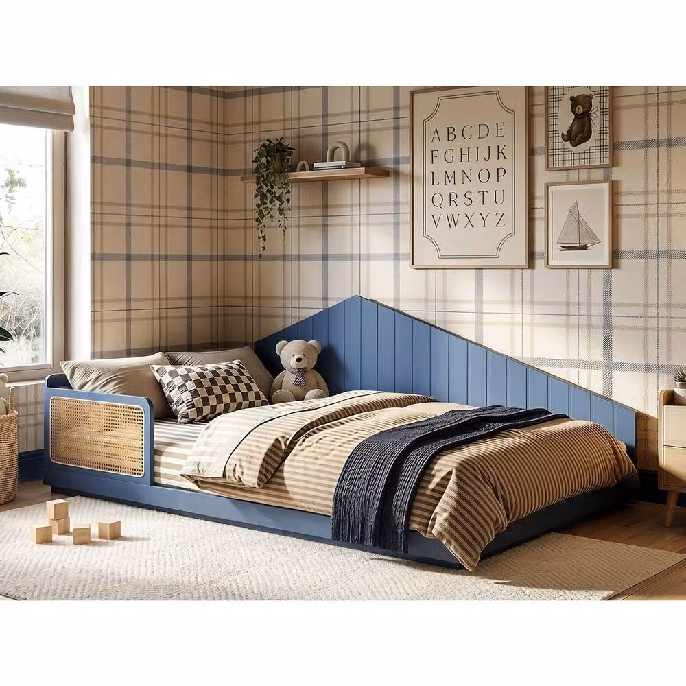 Flair Carter Small Double Montessori Bed with Rattan Panels in Blue, H: 126.5 cm x W: 120 cm x D: 196.4 cm – 2