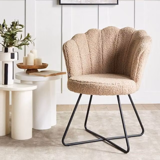 Wyld and Coco Beige Bouclé Armless Shell-Back Chair with Black Metal Frame