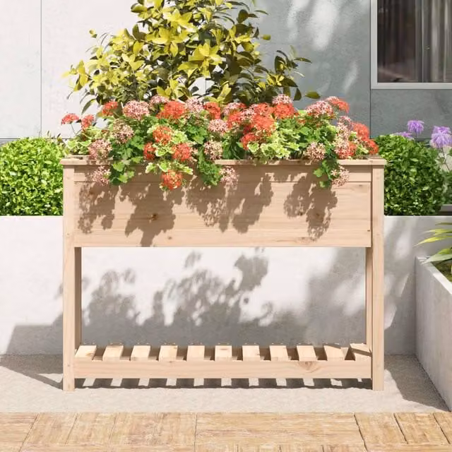 Berkfield Home Planter with Shelf in Light Tan Solid Pine Wood, W/D/H: 111.5 x 34.5 x 81 cm