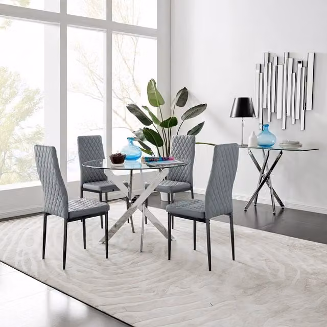 FurnitureboxUK Novara 100cm Round Glass Dining Table and 4 Milan Black Leg Chairs in Grey – 1