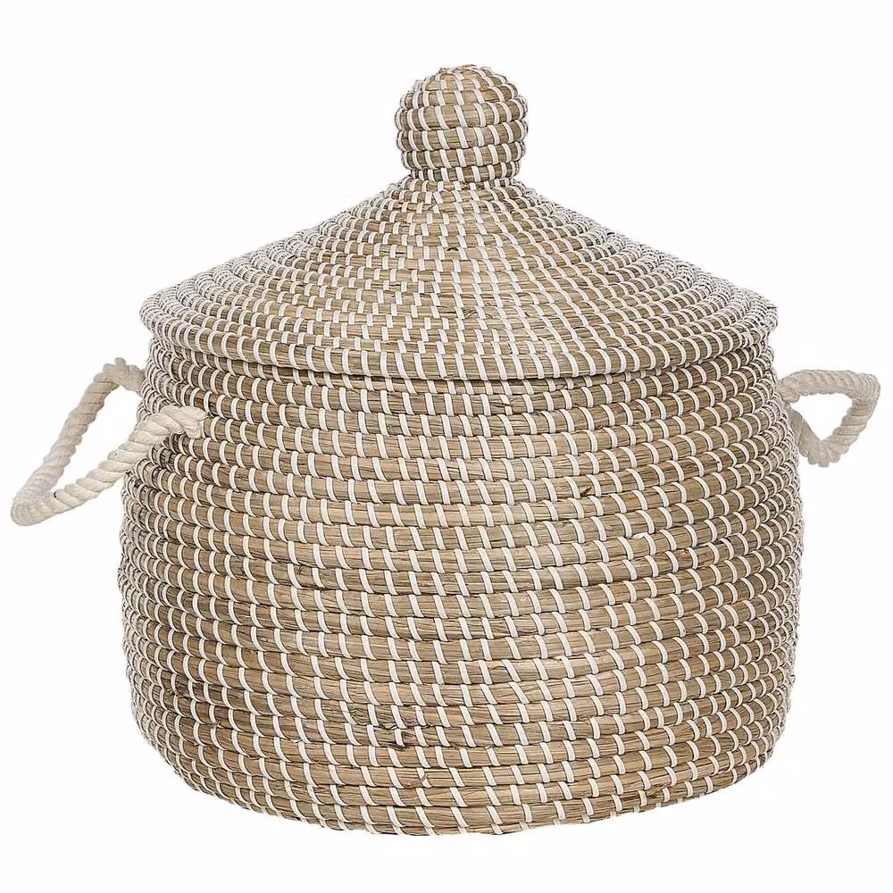 Wyld and Coco Natural Beige Seagrass Basket with Lid and Handles W: 35 cm, D: 35 cm, H: 37 cm – 2